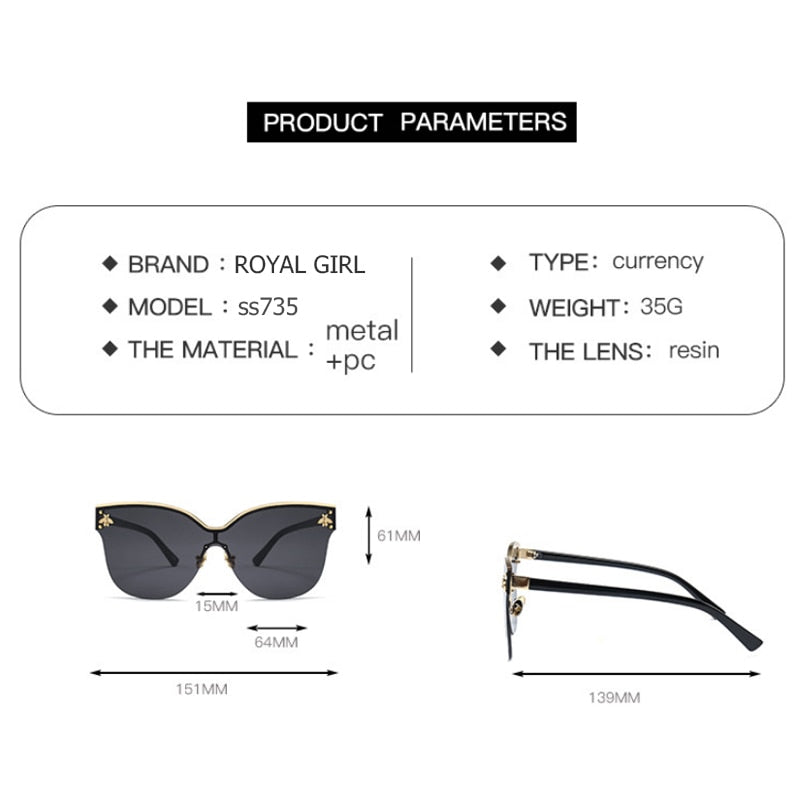 ROYAL GIRL Oversize Rimless Sunglasses Women Fashion Cat Eye Bee Sun Glasses Female Retro Brand Designer Oculos UV400 ss735