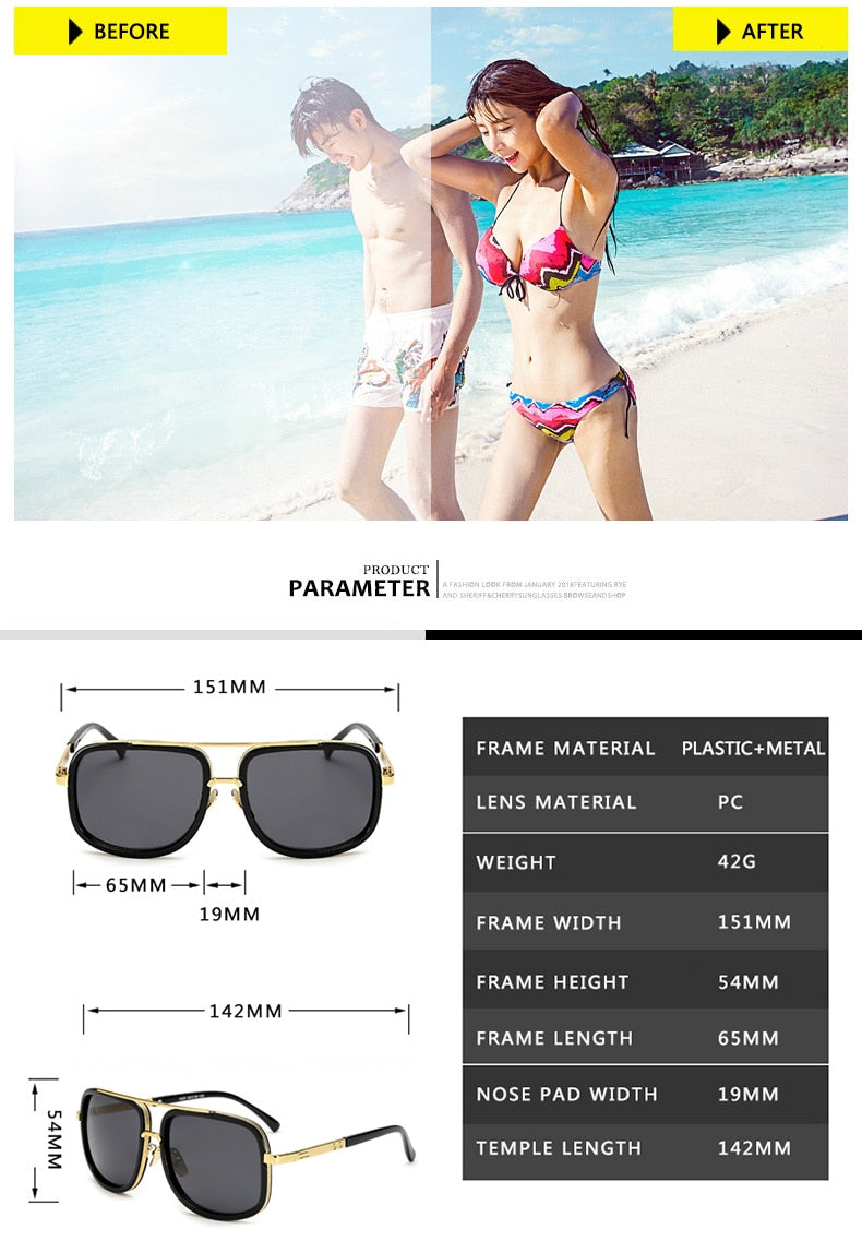 New Fashion Big Frame Sunglasses Men Square  Metal Sun Glasses Women Retro Sun Glasses Vintage High Quality Gafas