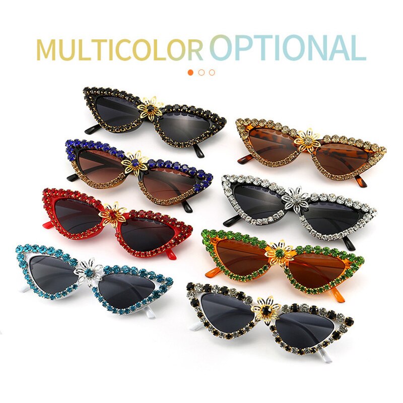 Diamond Sunglasses For Women Luxury Brand Cat Eye Crystal Flower Sun Glasses Black Vintage Rhinestone Glasses
